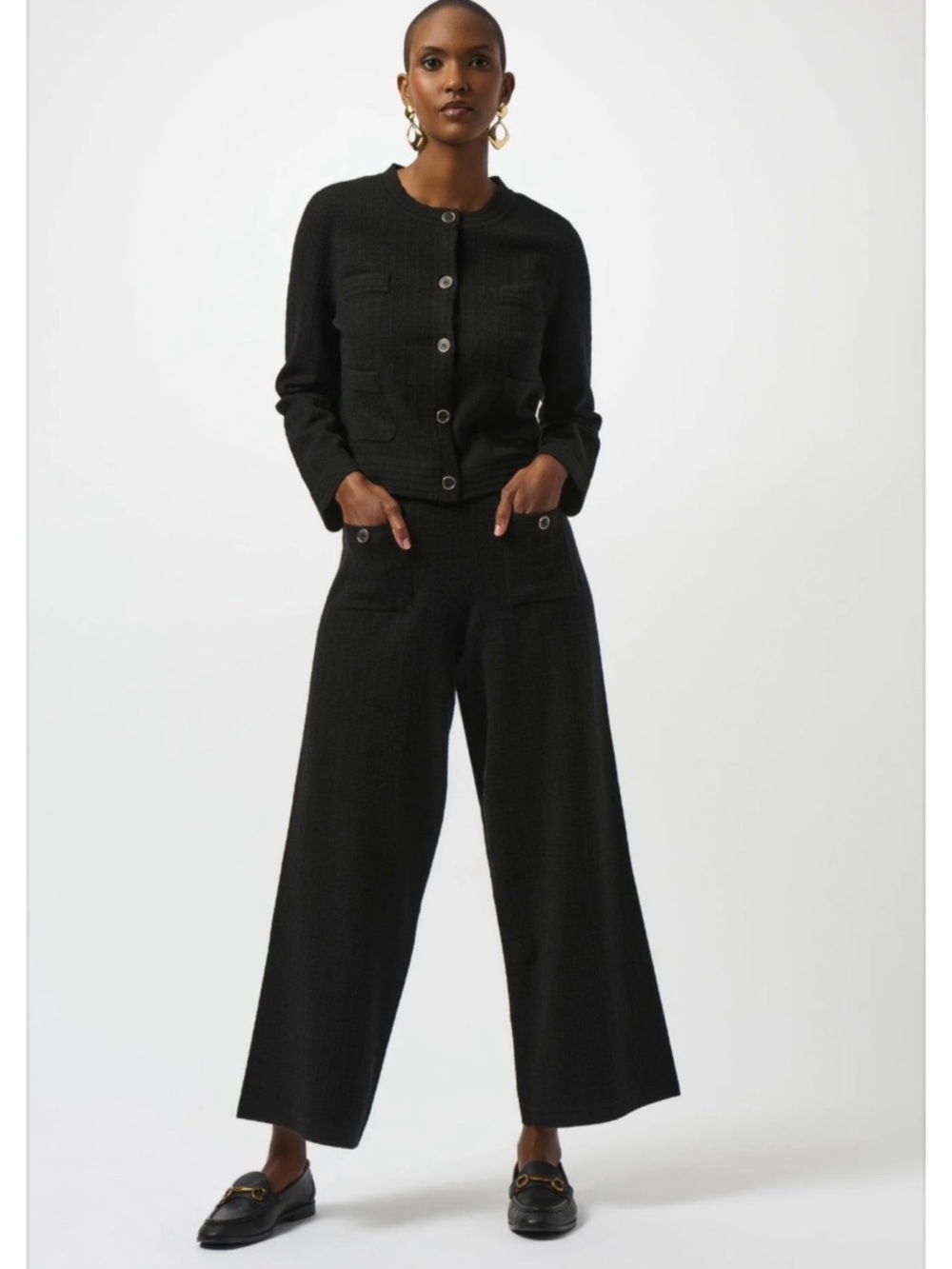 NWT Joseph Ribkoff Knit Sweater Set Jacket & Wide Leg Pants Black Medium